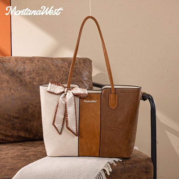Women Beige With Brown Imported Vegan Leather Medium Top Handle Satchel Tote Bag - Picture 2 of 6